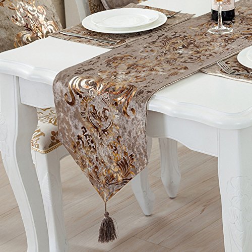 Prior.choice Elegant Luxury Shiny Bronze Velvet Damask Deco Tassels Wedding Party Hotel Restaurant Bed Table Runner Cloth (13Inch X 82Inch) #TOP2