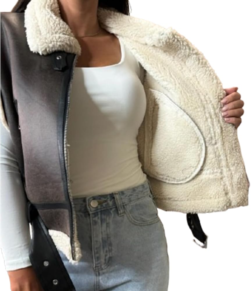 IMISSILLEB Women Leather Sherpa Vest Fur Collar Sleeveless Zipper