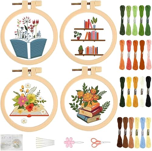 Miniatura 1 de FREEBLOSS Juego de 4 piezas de bordado pequeño de 3.7 pulgadas diseñado con patrones de libros, kit de iniciación de bordado con instrucciones