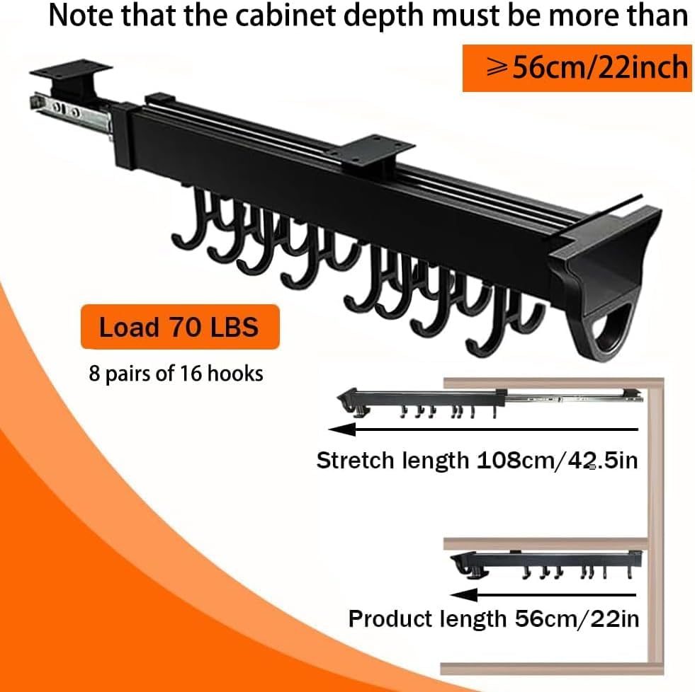 Image of DBR Kitchen Pan Pull Out Cabinet Organizer, Double Row Hanging Rack, Storage with 12+ Hooks, Black
