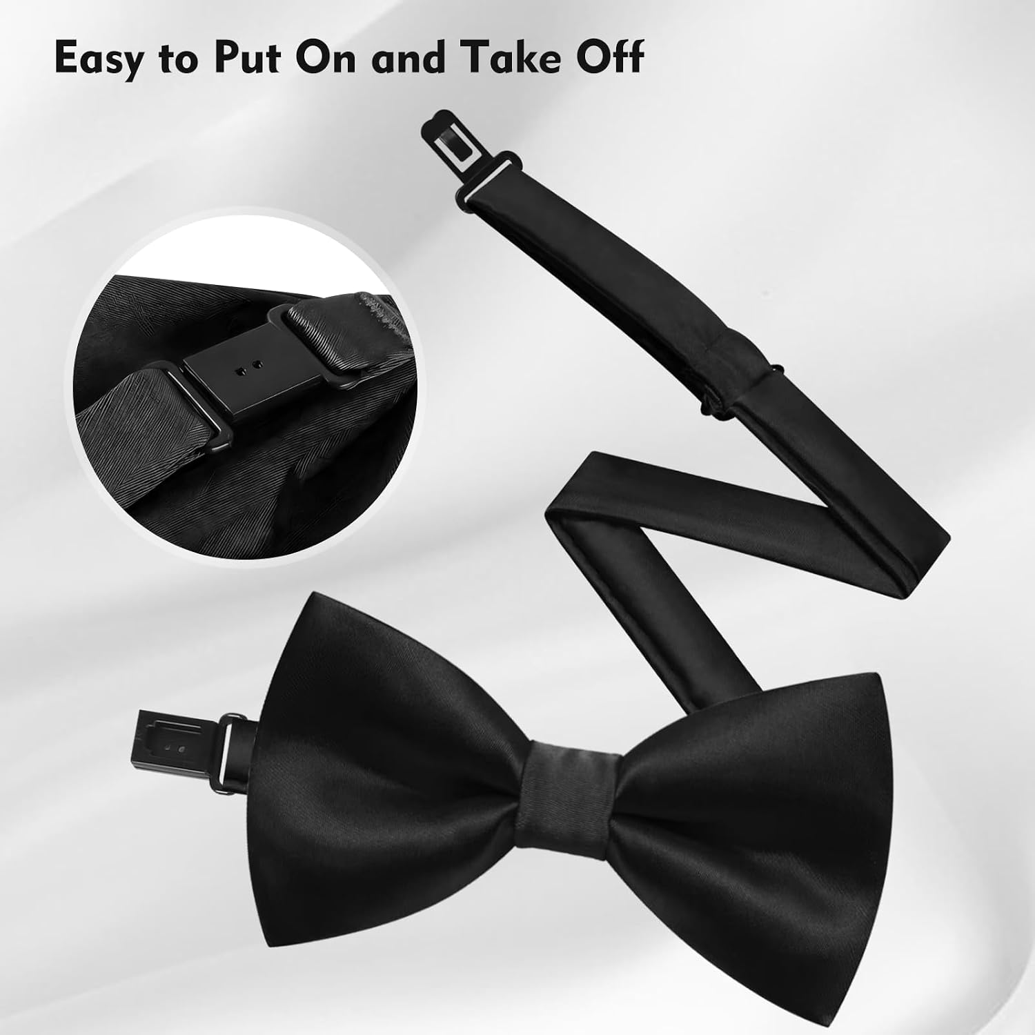 2 Pcs Bow Ties for Men, Black Bow Tie for Wedding & Party, Adjustable Satin Dress Bow Tie for Men, Boys