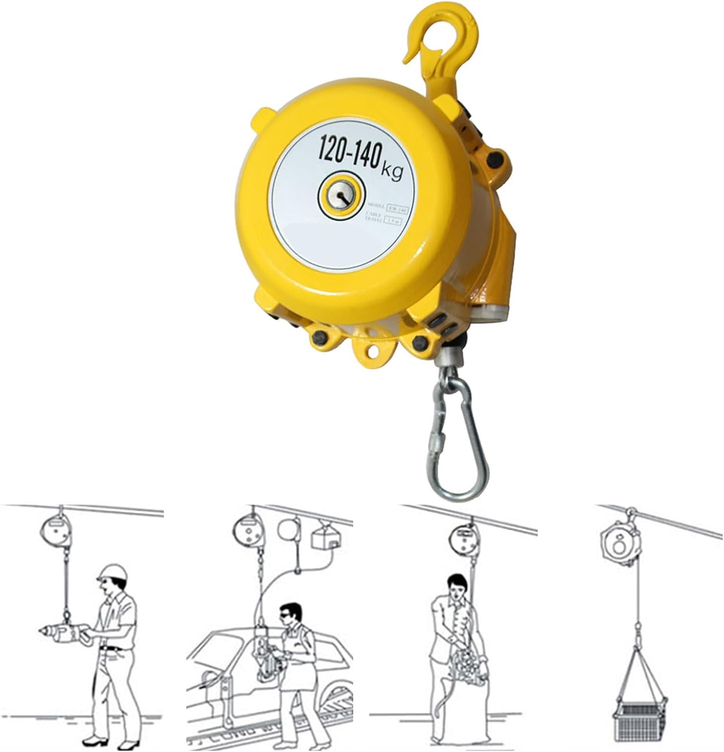 Adjustable Retractable Spring Balancer Tool Holder - Heavy-Duty Hanging Mechanism for Enhanced Work Efficiency, Yellow, Supports 120-140kg