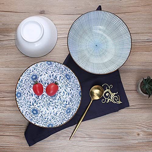 Yalong 40 Ounce Large Deep Soup Pho Bowls Set, Blue White Porcelain Salad Bowls For Ramen Pasta Cereal Pasta Wonton, Stackable Deep Noodle Serving Bowls Set Of 4 #TOP5