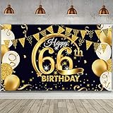 Decoración de fiesta de 66 cumpleaños, póster de tela extragrande negro dorado para cabina de fotos de 66 aniversario, pancarta de fondo de 66 cumpleaños, suministros de fiesta de 66 cumpleaños, 72.8 x 43.3 pulgadas