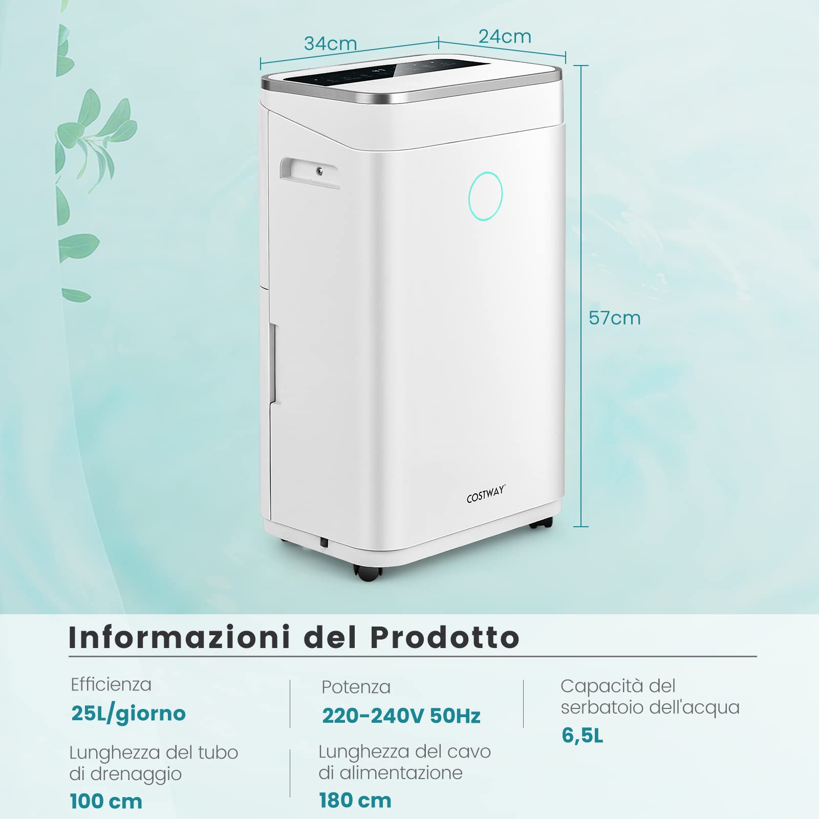 COSTWAY Deumidificatore Casa 25 L al Giorno, con Tubo di Scarico, Scarico Automatico o Manuale, Timer 24 ore, Protezione Straripamento e Serbatoio dell’Acqua 6,5 L per Spazi Fino a 30 m2