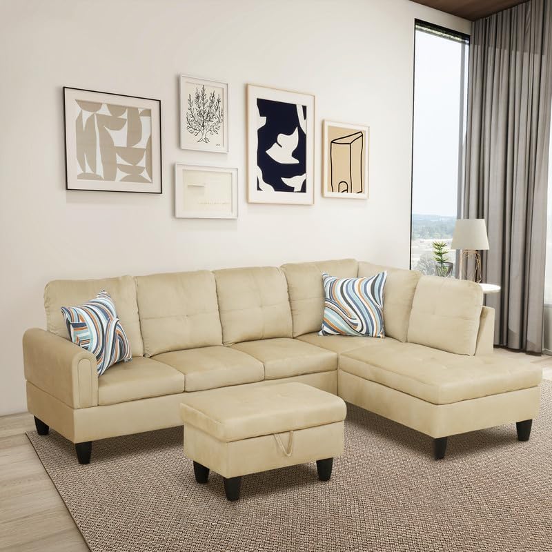 Beige Flannel Living Room Sofa Ottoman for Home Office Bedroom Living Room, Strong Bearing Capacity Sofa Small Sofa Setee