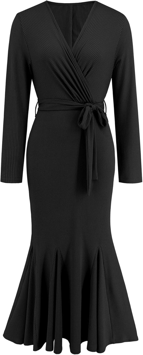 JEKE-DG Women's Long Knit V Neck Sweater Dress Tie Waist A-Line Swing Pleated Dress Long Sleeve Knitted Dress