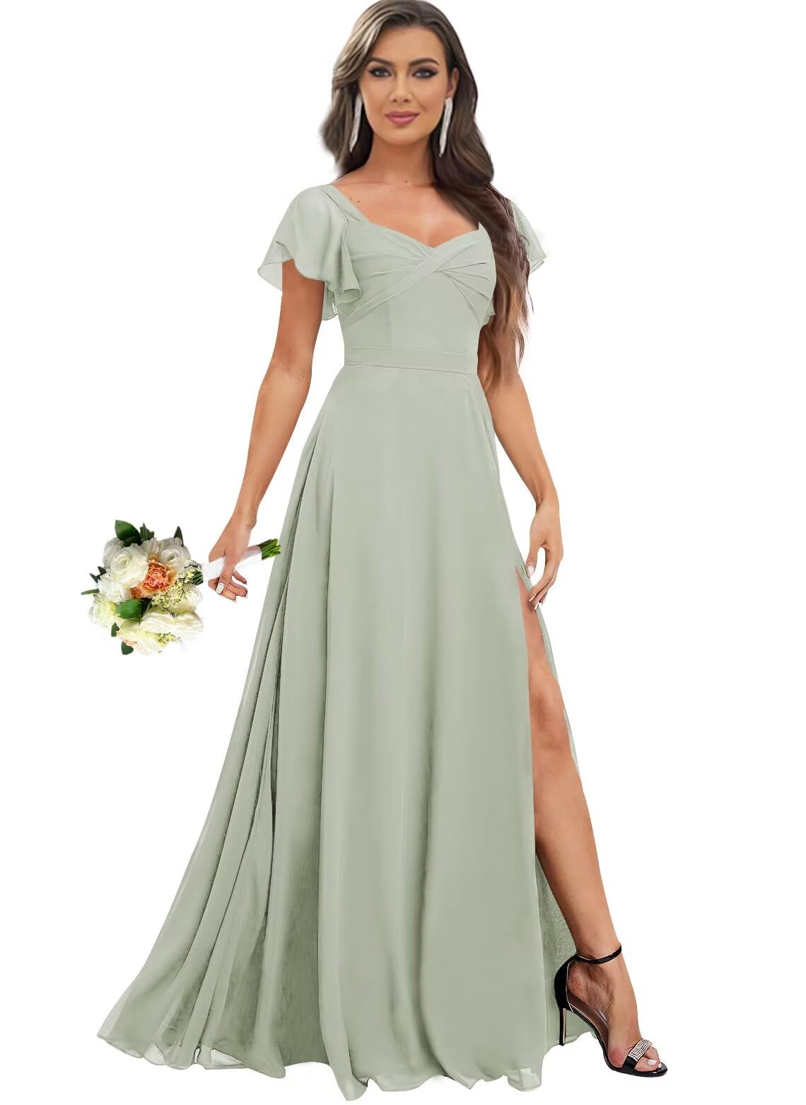 INEWER Flutter Sleeve V Neck Slit Bridesmaid Dresses Long for Women Ruched Chiffon Empire Waist Formal Gowns with Pockets
