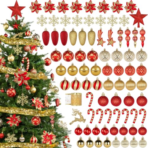 Roberly 106 Pcs Christmas Balls Ornaments Set, Red & Gold Christmas Tree Decorations Shatterproof Plastic Hanging Baubles Pendants Christmas Flowers Tree Topper for Xmas Tree Holiday Party Home Decor