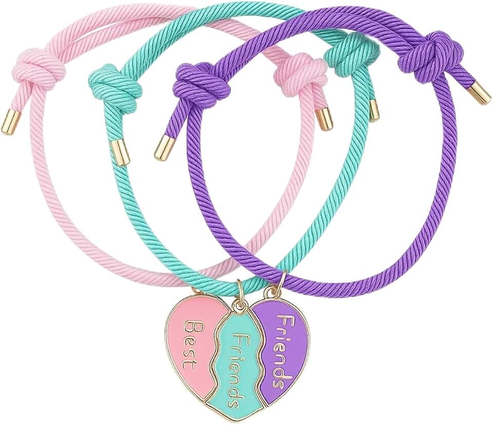 Pulseiras de Amizade com Pingente de Coração, Kit 3 Unidades, Cordão Trançado Ajustável, Rosa, Turquesa e Roxo