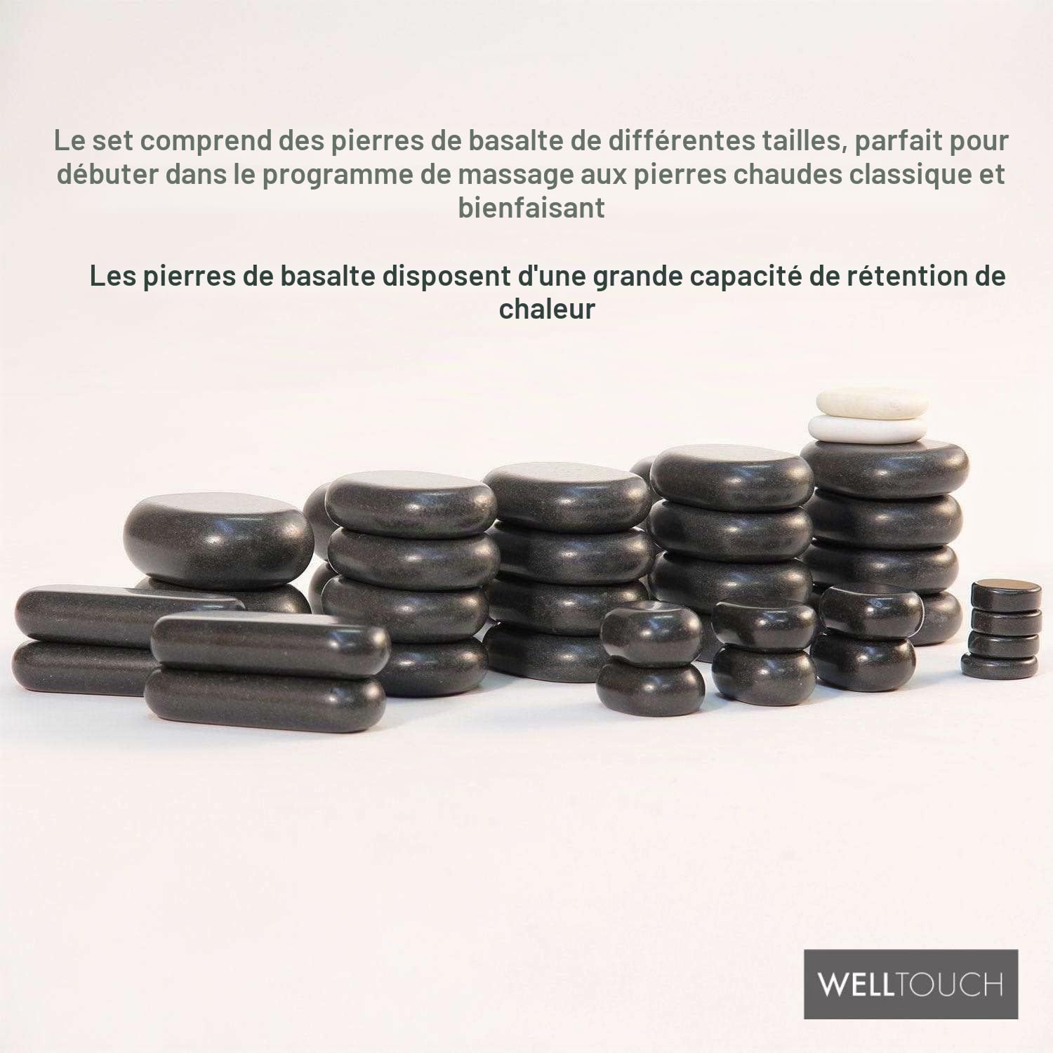 WellTouch Kit massage aux pierres chaudes avec boite décorative en bambou | 40 pierres de massage en basalte | Massage thermique bien-être | massage thérapeutique