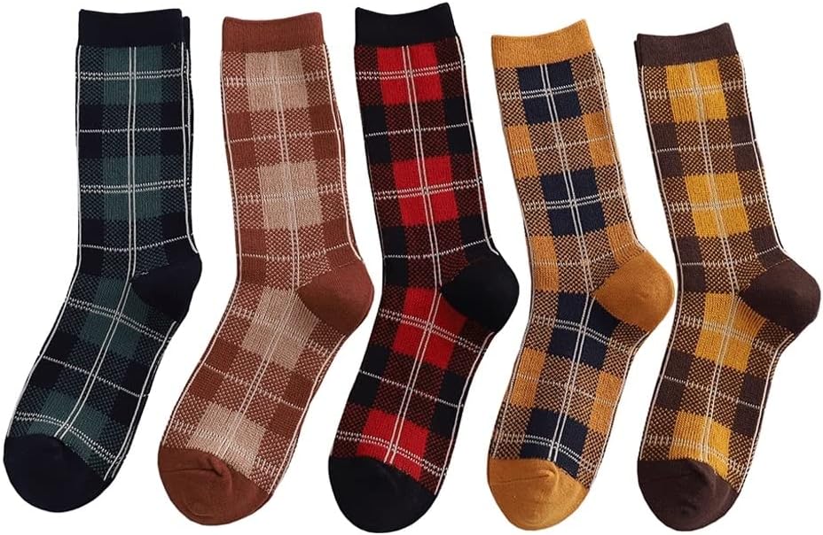 5 Pair Women Socks Spring Autumn Retro Men Couple Cotton Square Grid Pattern Solid Color