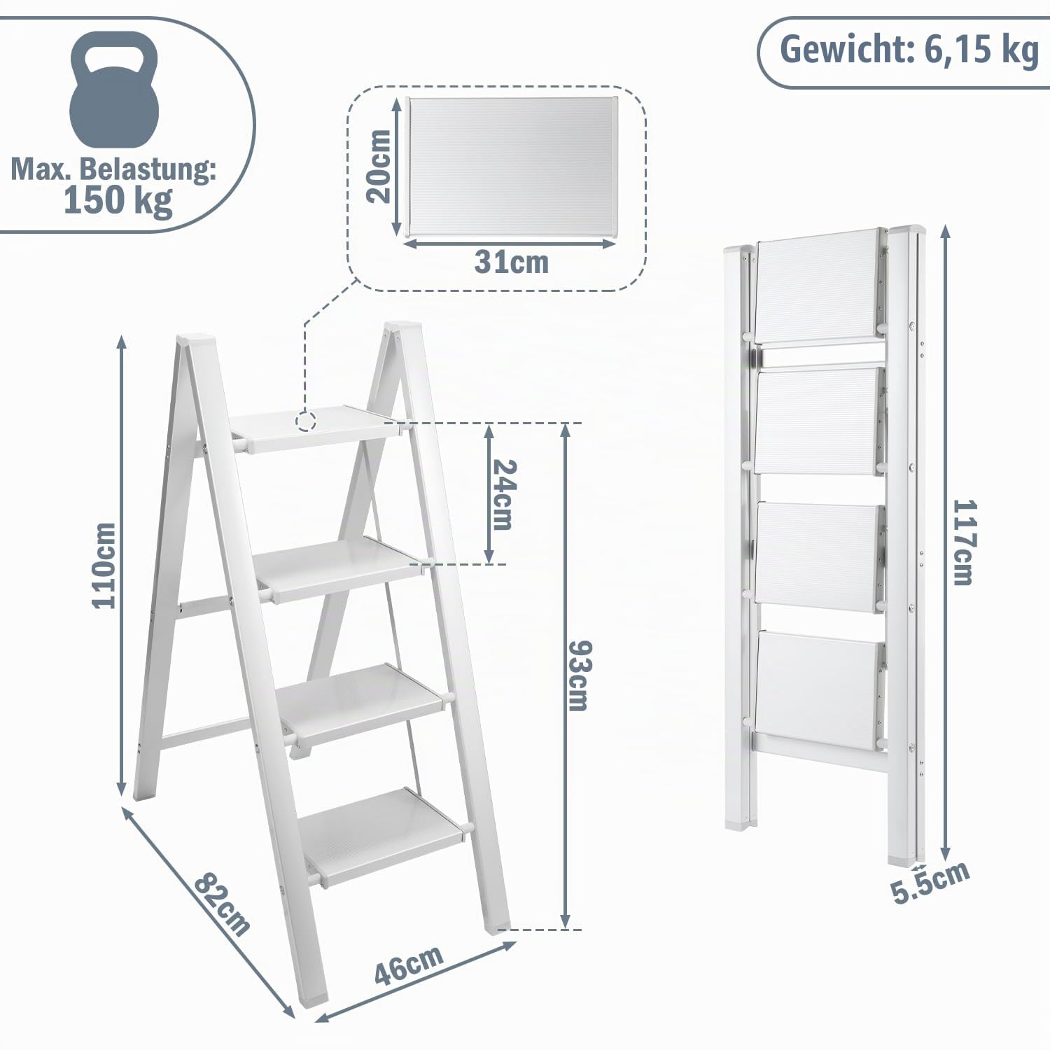 Eulenke 4 Stufen Leiter Aluminium Klappleiter, Klappbar Leichte Stehleiter, Trittleiter 4 Stufen, rutschfeste Leiter mit Klappsicherung, Klappleiter für Haushalt, Küche, Belastbar bis 150 kg, Silbrig