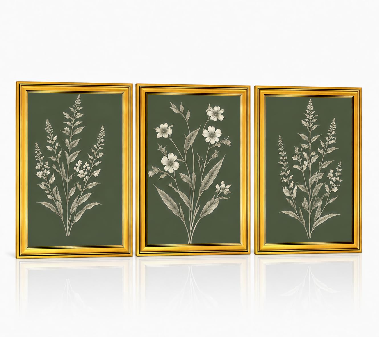 Tríptico botánico enmarcado de salvia verde para pared, 12 x 16 pulgadas