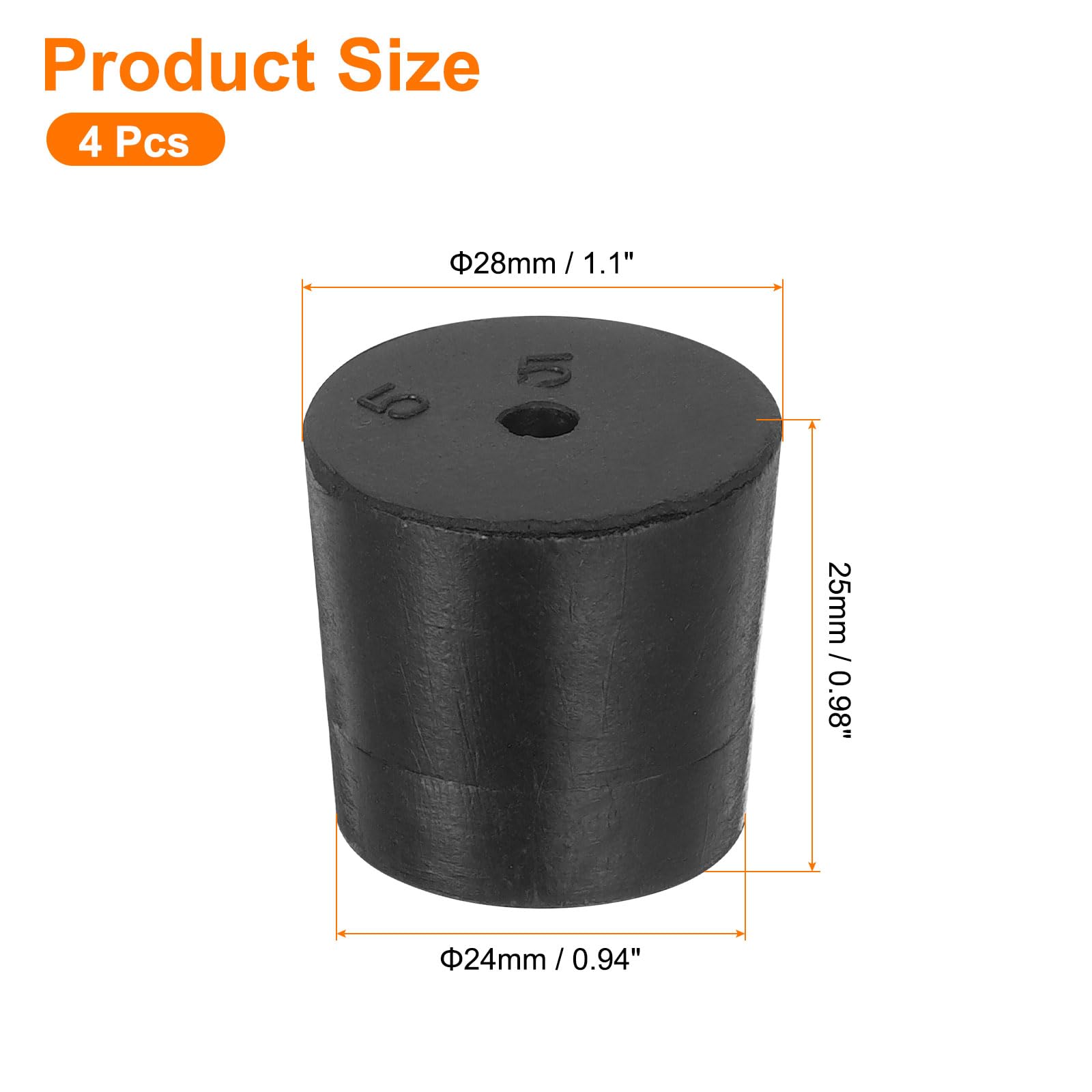 uxcell 4 Pcs 1-Hole Rubber Stopper, Tapered Lab Seal Tube Stopper Plug for Test Tube Flasks Glass Containers Industry and Laboratories, 28x24x25mm Black — Amazon image 2