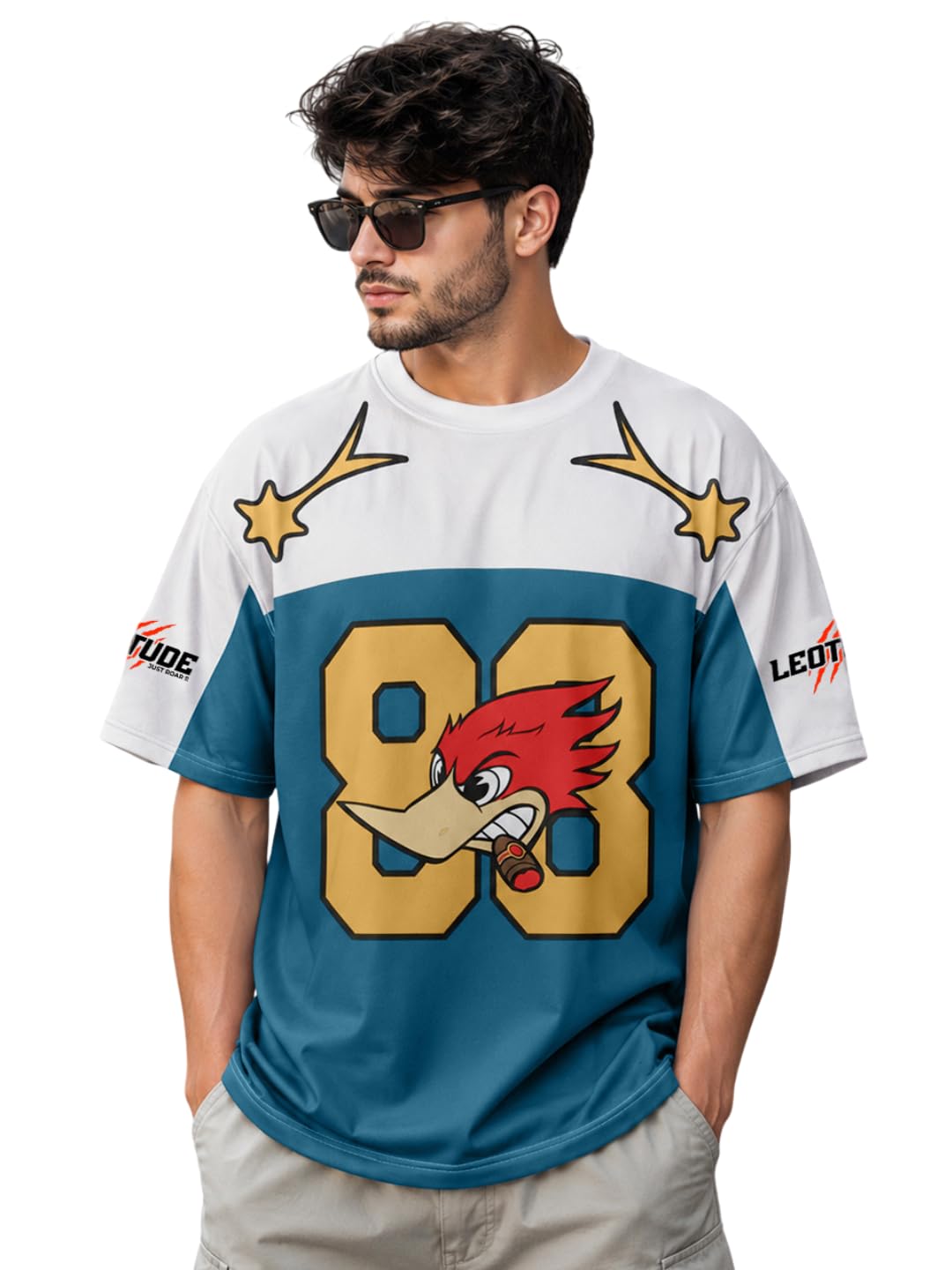leotude Men's Oversized Mesh Jersey T-Shirt with Cartoon Woodpecker Graphic | Vintage 98 Print | Half Sleeve Round Neck Athletic Casual Streetwear Wear (Color : Navy)-picture-44