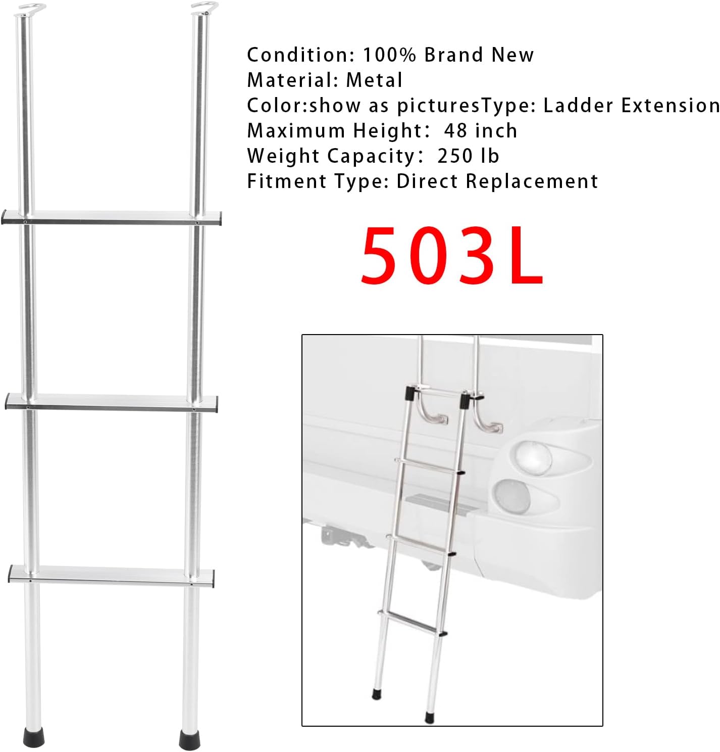 Areyourshop 503L 48" Aluminum Universal RV/Motorhome Ladder Extension for 1" Tube Ladders - 250 lb Capacity, Easy Installation, Durable Metal Construction