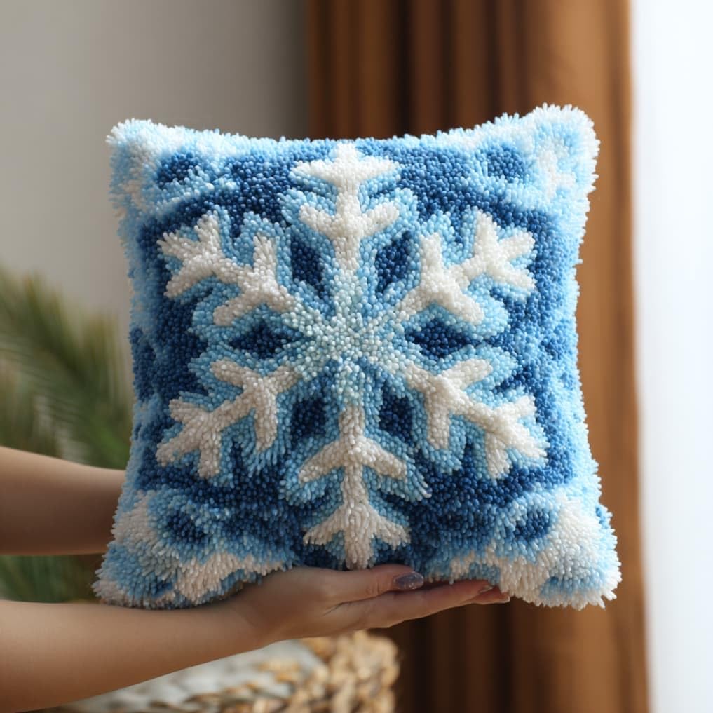 WallustrioaW Latch Hook Pillow Case Kits,Snowflake 17X17 Inch Latch Hook Cushion Cover Kit,Knitting Kits Cushion for Adults Rug Making Kit for Starters