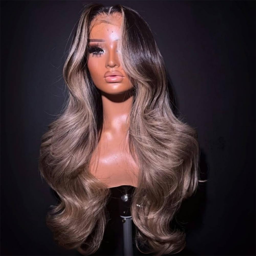 13x6 Ombre Black to Gray Ash Blonde Highlight Human Hair Wig 210% Density Ashy blonde highlights with Natural Growth Black Body Wave Wig Pre Plucked Silky Long-Lasting Colored Wig for Woman 30 Inch