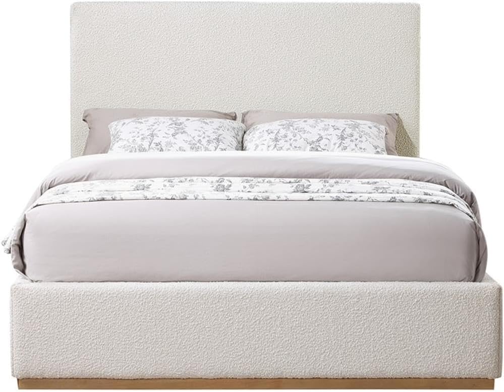 Meridian Furniture MonacoCream-K Monaco Collection Modern | Contemporary Boucle Fabric Upholstered King Bed with Solid Wood Natural Wire Brush Finish, 81.5" W x 87.5" D x 52" H, Cream, King