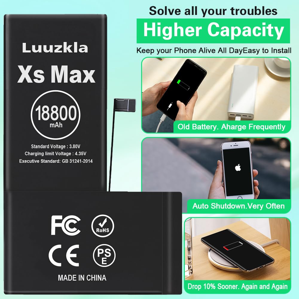 18800mAh (2025 New Upgrade) Battery Compatible with iPhone XS MAX, Super Capacity Battery Replacement Compatible with iPhone XS MAX, with Full Tool Kits-0 Cycle High Capacity-24 Months Service