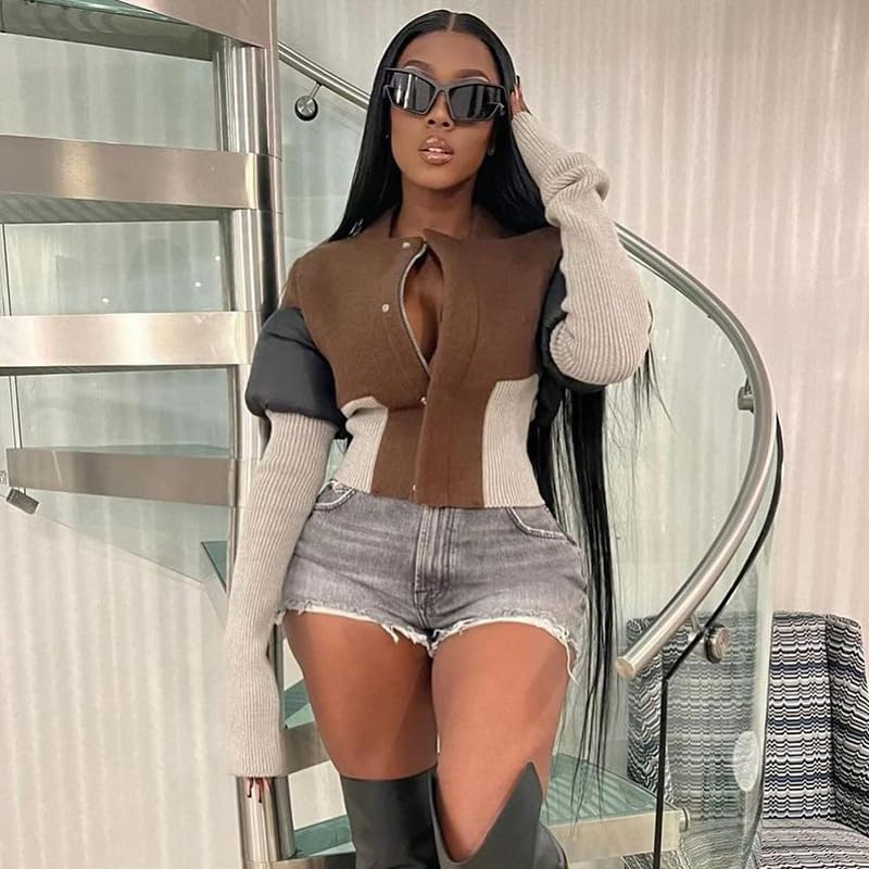 VOIKERDR Jackets for Women Patchwork Long Sleeve Coat Sexy Cropped Jacket Winter Coat Casual Streetwear2