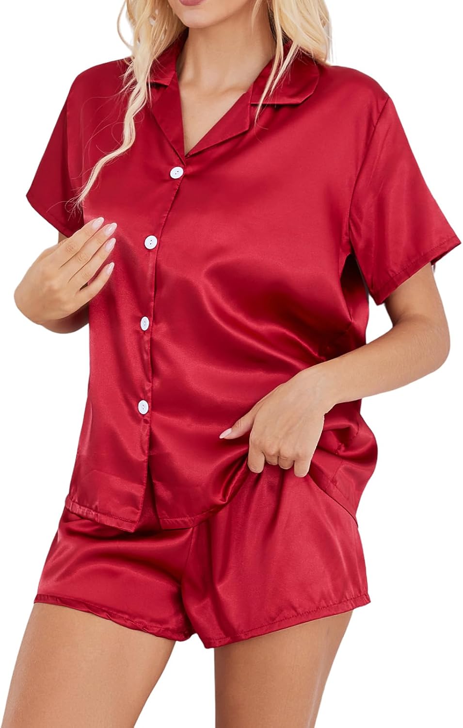 Satin Pajamas for Women Solid Color, Silky PJs Set with Notch Neck & Adjustable Drawstring Shorts