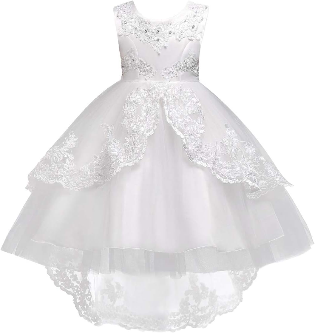 Little/Big Girls Lace Beaded Rhinestone Bridesmaid Wedding Flower Tulle Dresses Party High Low Dance Tutus Evening Prom Gown White 8-9 Years
