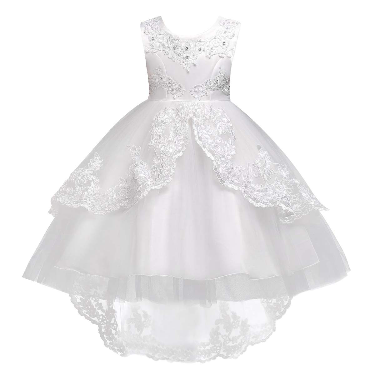 Flower Girls Vintage High-Low Tulle Lace Beaded Rhinestone Wedding Bridesmaid Dress Formal Princess Pageant Birthday Party Special Occasion Retro Dance Evening Tutu Ball Gowns White 7-8 Years