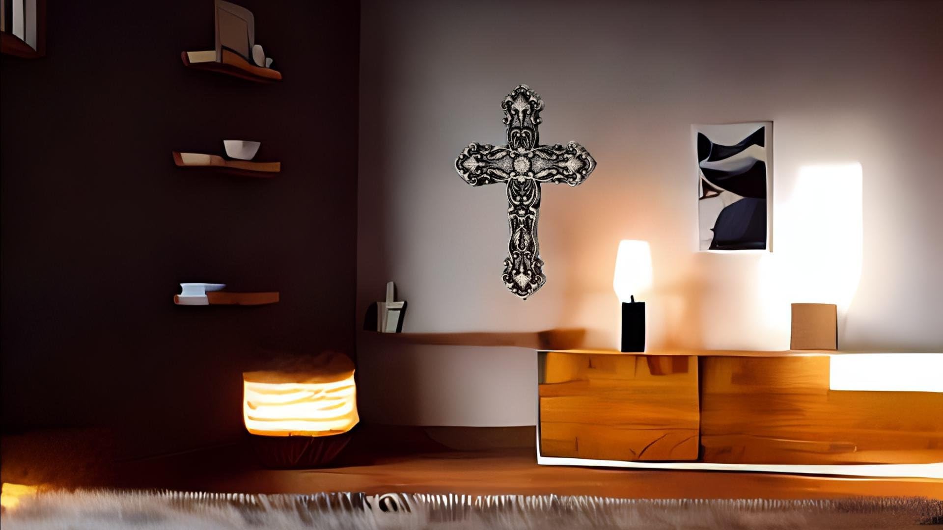 UHRIG cruz de pared de hierro macizo, crucifijo de hierro forjado para colgar, cruz cristiana para la pared, 25cm de altura. (negro antiguo/plata)