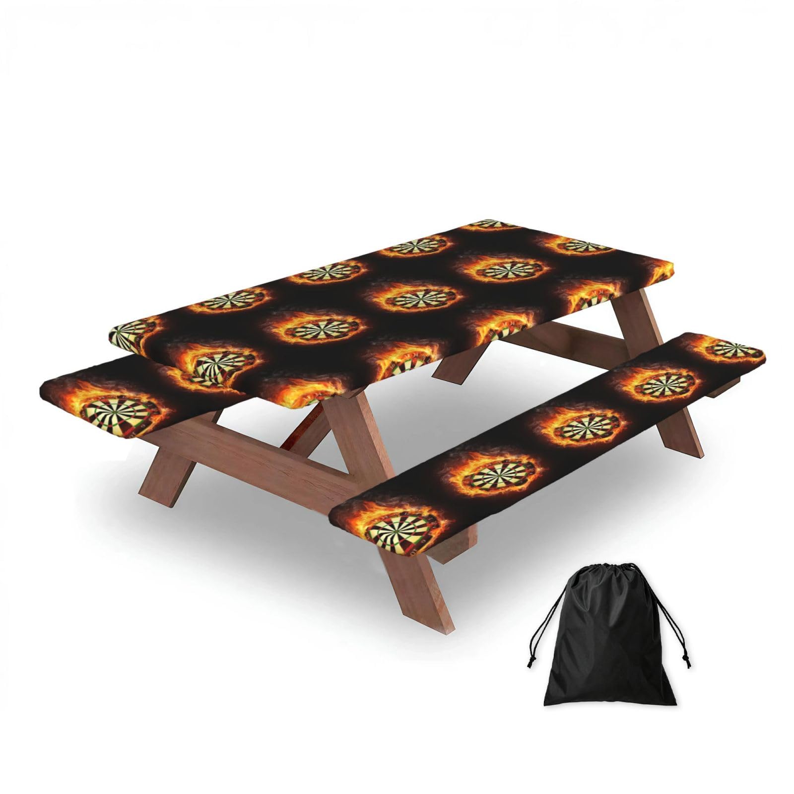 Dopklna As Picture Flaming Dartboard Fire Dart Board 3D, Picnic Table Cover With Bench Covers -Waterproof Elastic Fitted Tablecloth For Garden Camping Patio 76X152cm