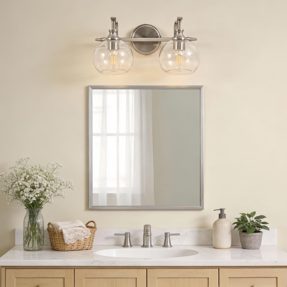 ANDY STAR Brushed Nickel Bathroom Light Fixture, 2 Light Bathroom Vanity Light, Farmhouse Silver Wall Sconce, Anti-Rust Wall Lamp with Sturdy Metal Lamp Body for Bedroom, Living Room, Restroom