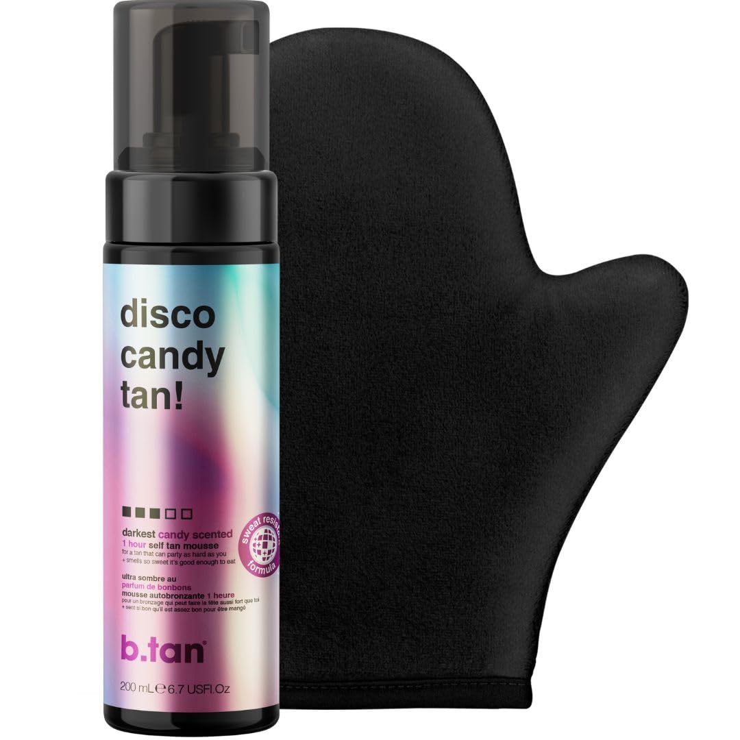 B.TANDark Self Tanner Kit | Disco Candy Tan Bundle - 1hr Sunless Tanner Mousse, Candy-Scented, Sweat-Proof & Transfer Resistant, No Fake Tan Smell, No Added Nasties, Vegan, Cruelty Free, 6.7 Fl Oz