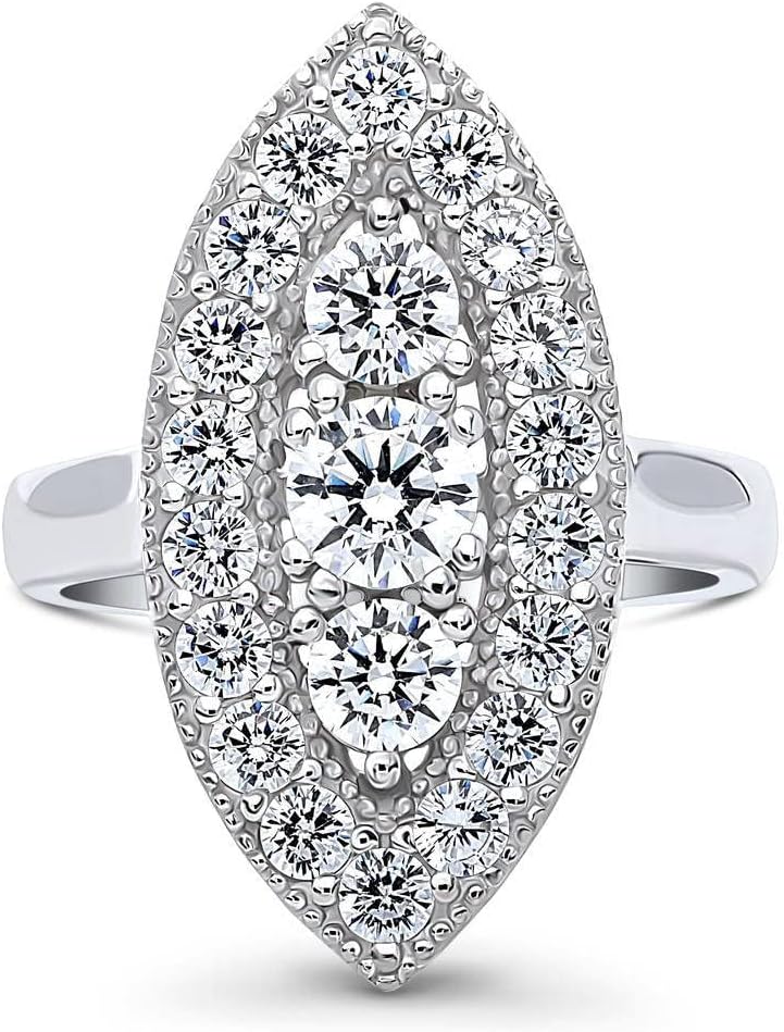 BERRICLE Sterling Silver 3-Stone Wedding Engagement Rings 0.45 Carat Round Cut Cubic Zirconia CZ Statement Navette Cocktail Ring for Women, Rhodium Plated