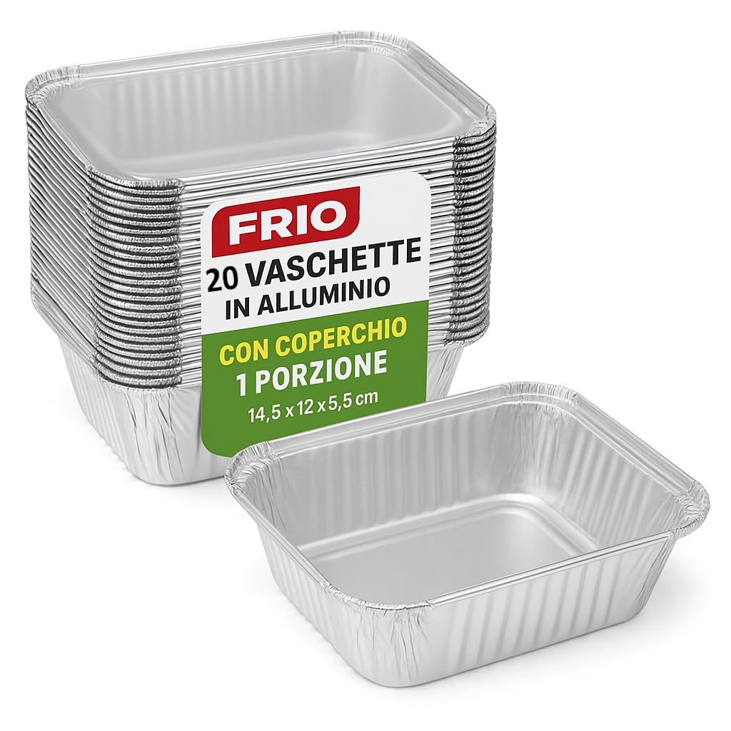 FRIO 20 Pieces Aluminium Single Portion Trays with Lids 1 Portion 14.5 x 12 x 5.5 cm – Ideal for Take Away, Catering, Roasting, Oven and Freezer, Cooking and Food Storage