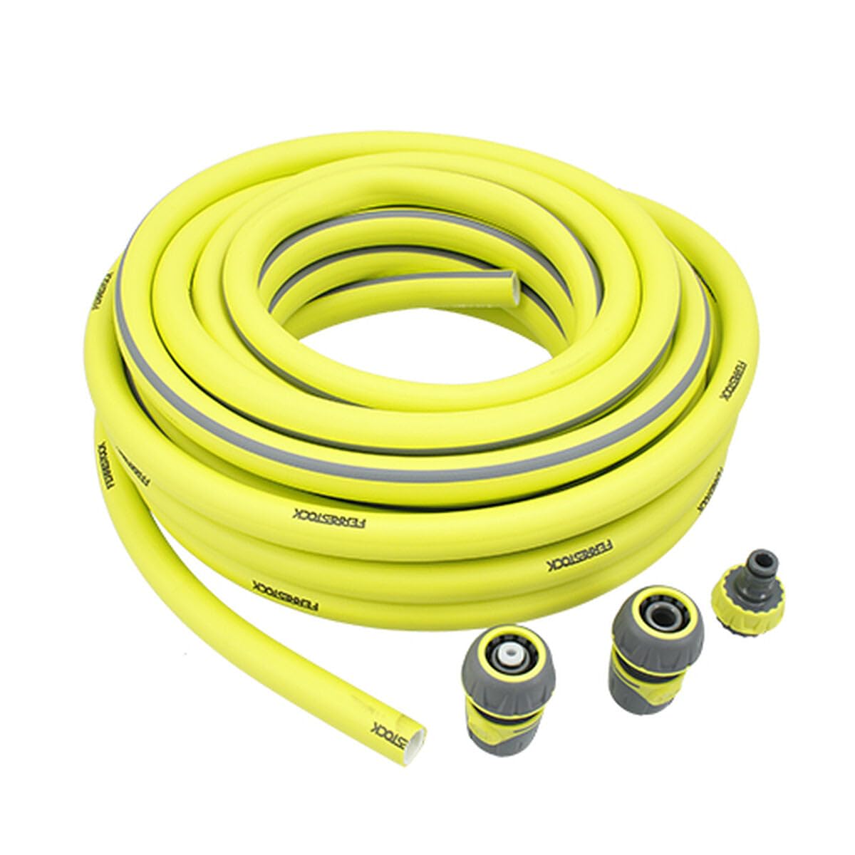 Ferrestock Manguera de Jardín de 15 Metros, 3/4" de grosor (19mm), Antitorsión, PVC Flexible con Refuerzo de Poliéster, 3 Capas, Resistente a los Rayos UVA, Antialgas, Incluye Accesorios