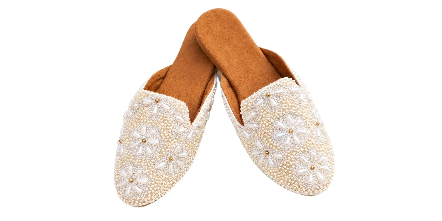 Pearl Beaded Mule Flats for Women, Floral Embellished Slip-On-picture-33