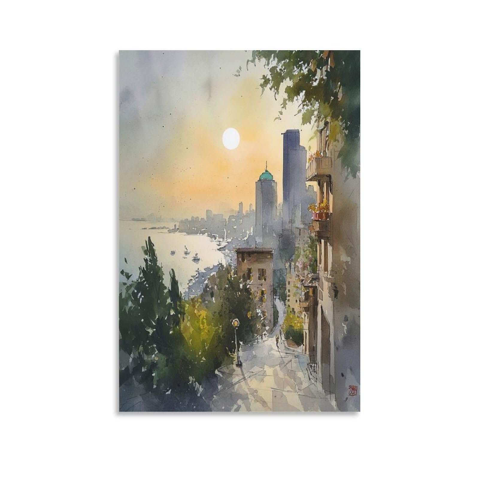 Cnaheiz Unframe-Style Seattle Skyline Watercolor Print Washington Travel Posters 20X30inch(50X75cm) Vintage Watercolor Canvas Art