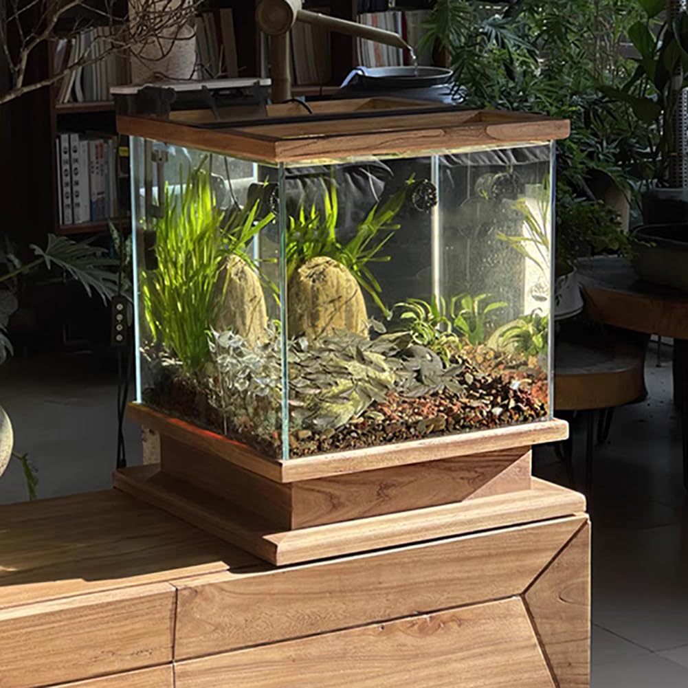 Acquario con Base in Legno Massiccio, Kit di Avviamento Dell'acquario retrò, Acquario di Vetro Ultra-Chiaro con Base in Legno, Vasca di Pesce in Stile Vintage con Syestem Autopulente,60cm