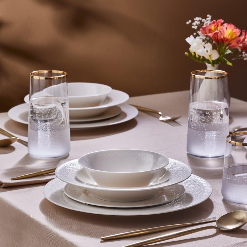 Karaca Set di stoviglie a cupola per 6 persone, set di piatti da cucina moderno da 24 pezzi, in porcellana Bone China, lavabili in lavastoviglie, set di piatti e ciotole, durevole ed elegante