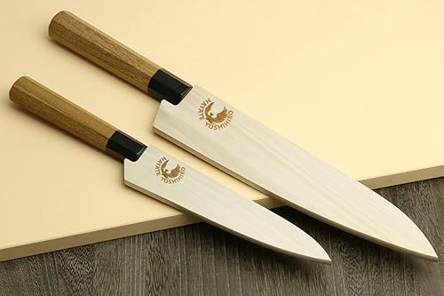 Miniatura 9 de Yoshihiro Juego de cuchillos de chef Gyuto de Damasco martillado de 46 capas y cuchillo utilitario (Gyuto 8.25 pulgadas (8.268 in) y pequeño 6 Mango