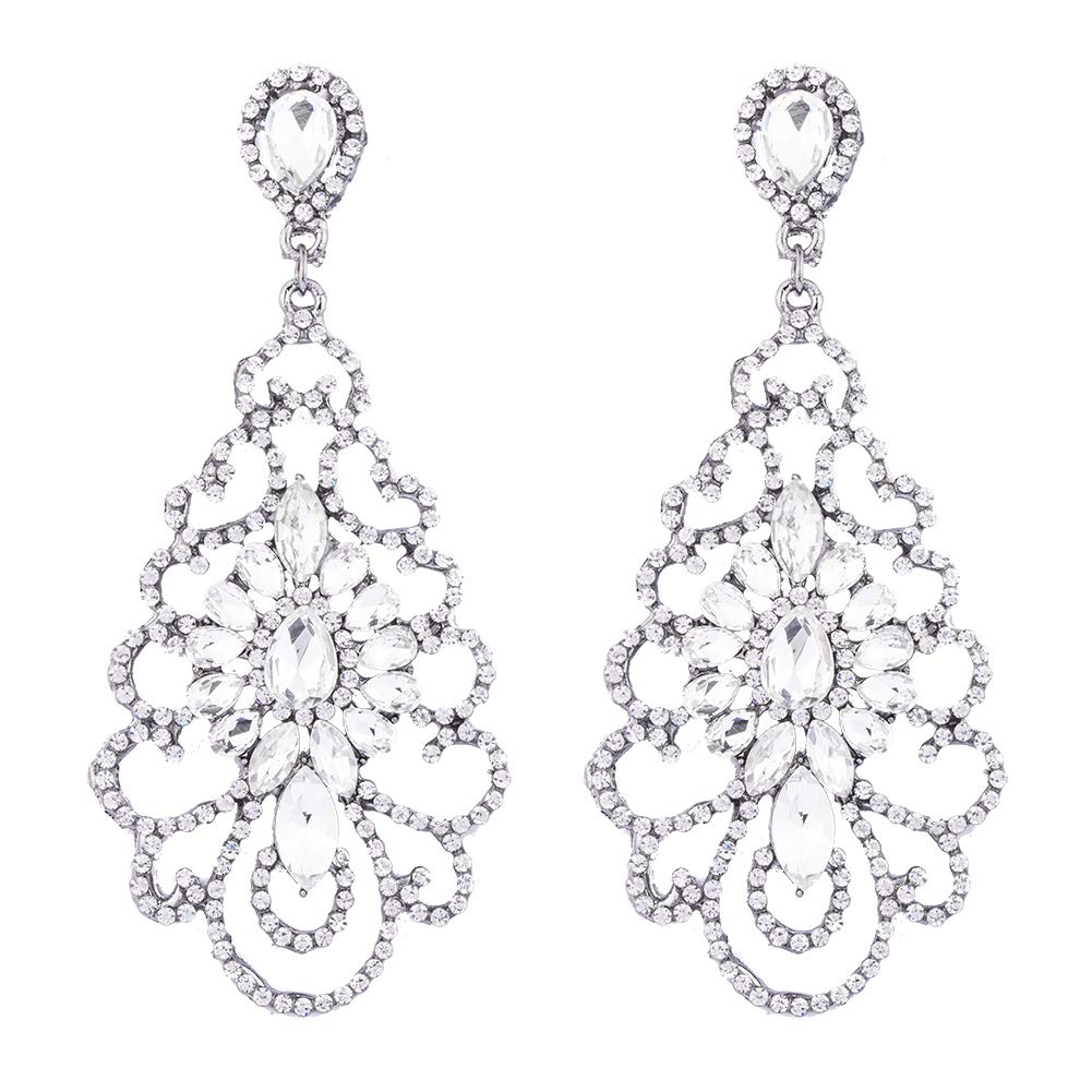 Big Rhinestone Crystal Earrings – Large Teardrop Crystal Dangle Earrings, Statement Filigree Rhinestone Drop Earrings for Women Bridal Wedding Dating Party (Clear)