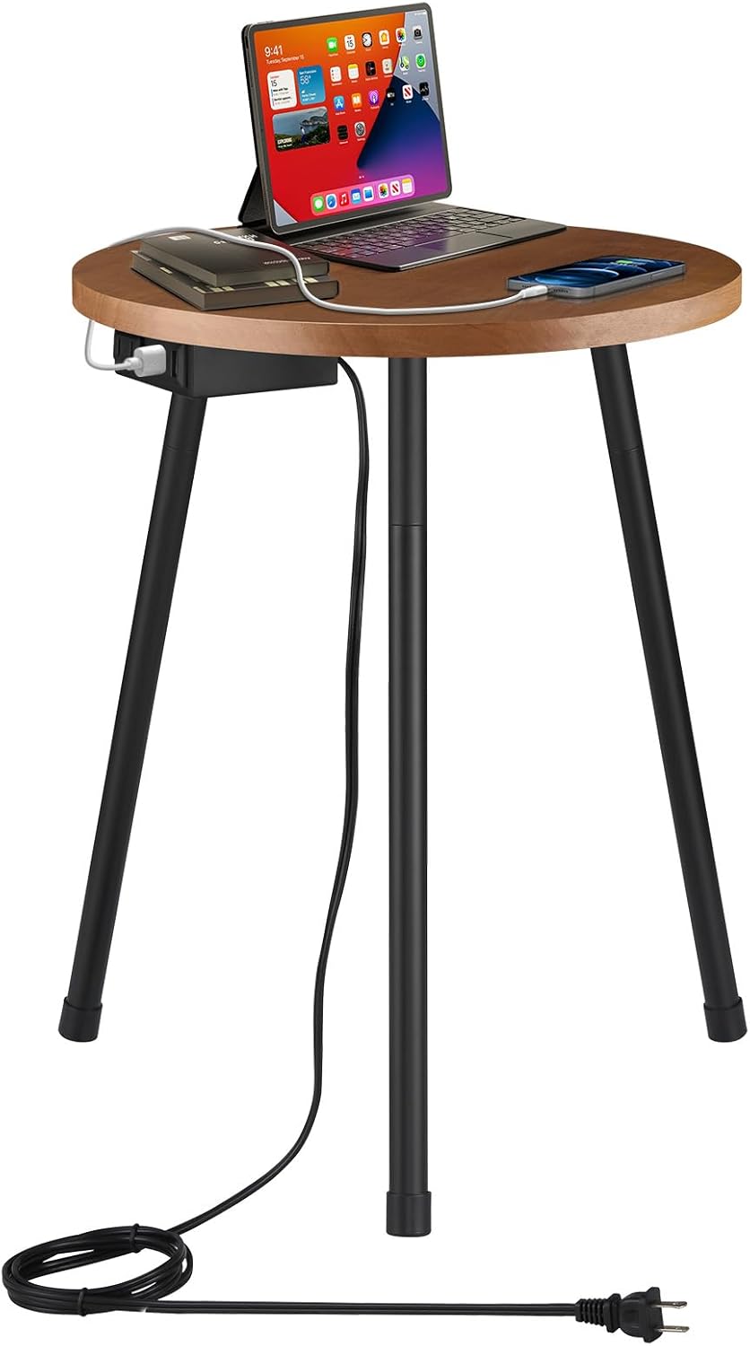 KINNARY End Table with Charging Station, Round Side Table