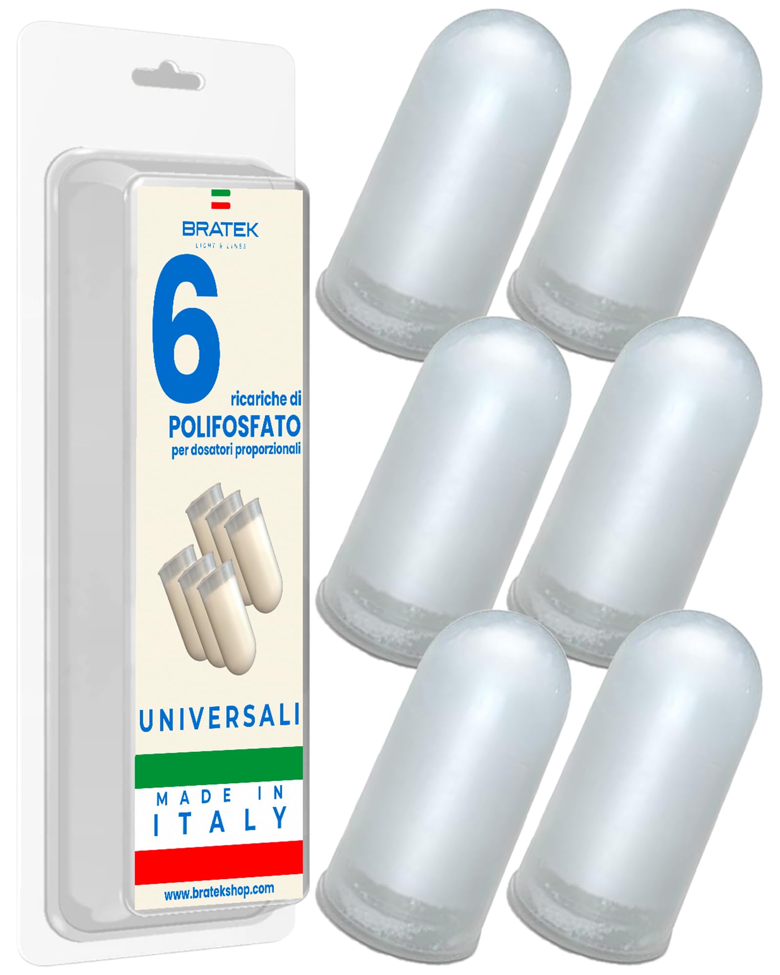 Bratek Polifosfati per Caldaia Ricarica in Cartucce Universali Made in Italy - 6 Cartucce Dosatore Polifosfati per Caldaia Compatibili con Filtro Anticalcare Standard x Protezione Impianto Idraulico
