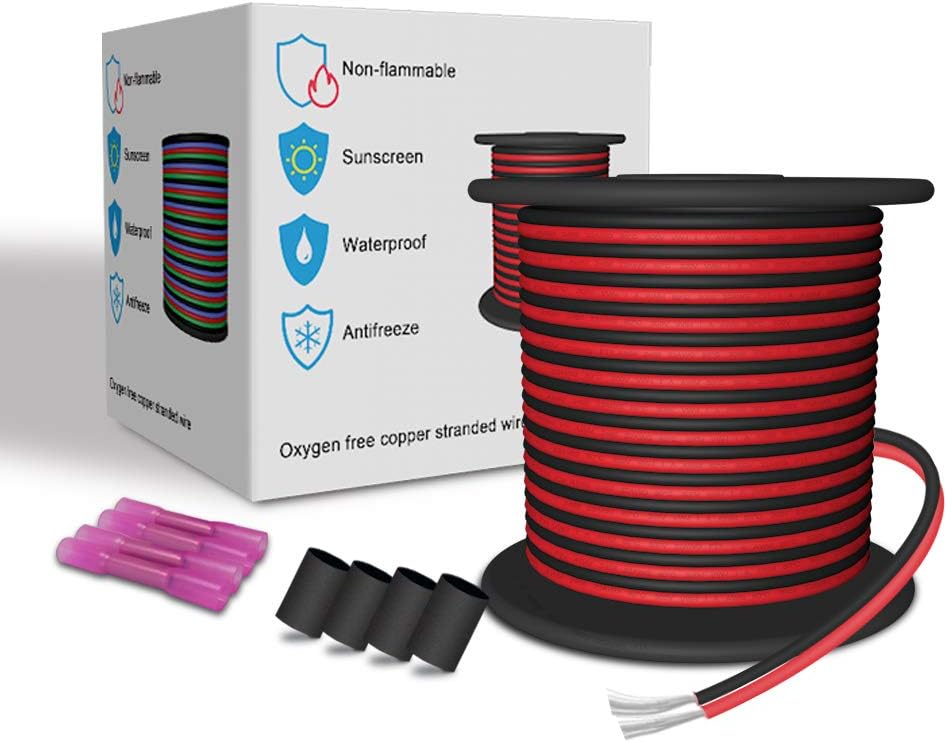 LEADTOPS 20M 22AWG 65.5FT Extension Wire Tinned Copper 2 Conductors Cord Electric Red&Black Stranded Line for 12V DC 3528 5050 2835 Single Color LED Strip/Bulbs/Lamps