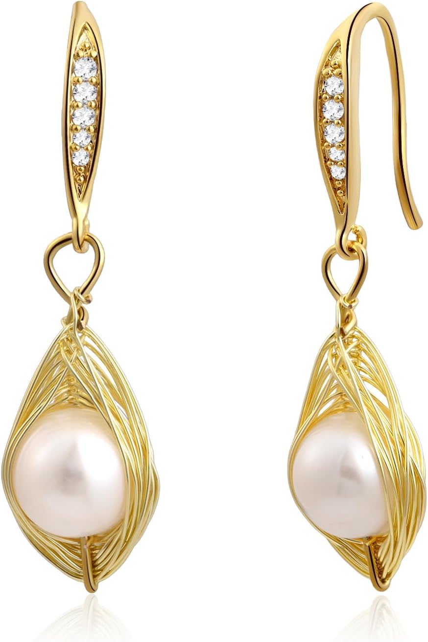 14K Gold Plated Pearl Dangle Earrings for Women Freshwater Pearl Earrings with Cubic Zirconia Hook for Wedding