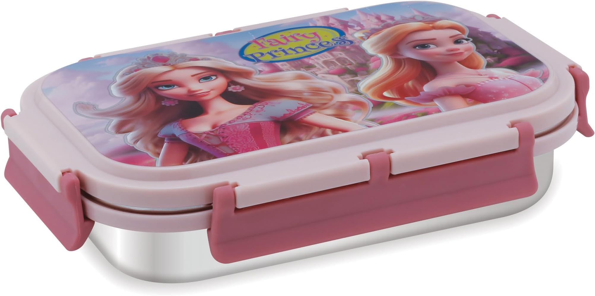 Attro Uranus Stainless Steel Lunch Box with 1 Small Container & Spoon Eyecatchy Fairy Princess Print BPA Free Food Grade, (700ml+160ml)- Pink