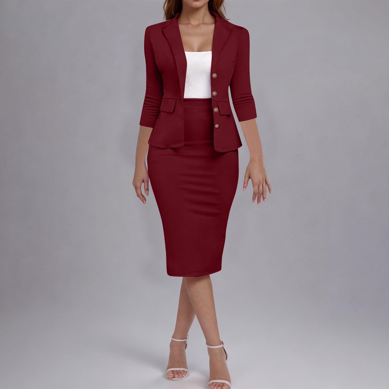 Conjunto formal de 2 piezas con falda para mujer, conjunto de negocios para primavera y verano, chaqueta blazer de manga 3/4 y faldas de tubo midi, trajes elegantes e informales, ropa de oficina y