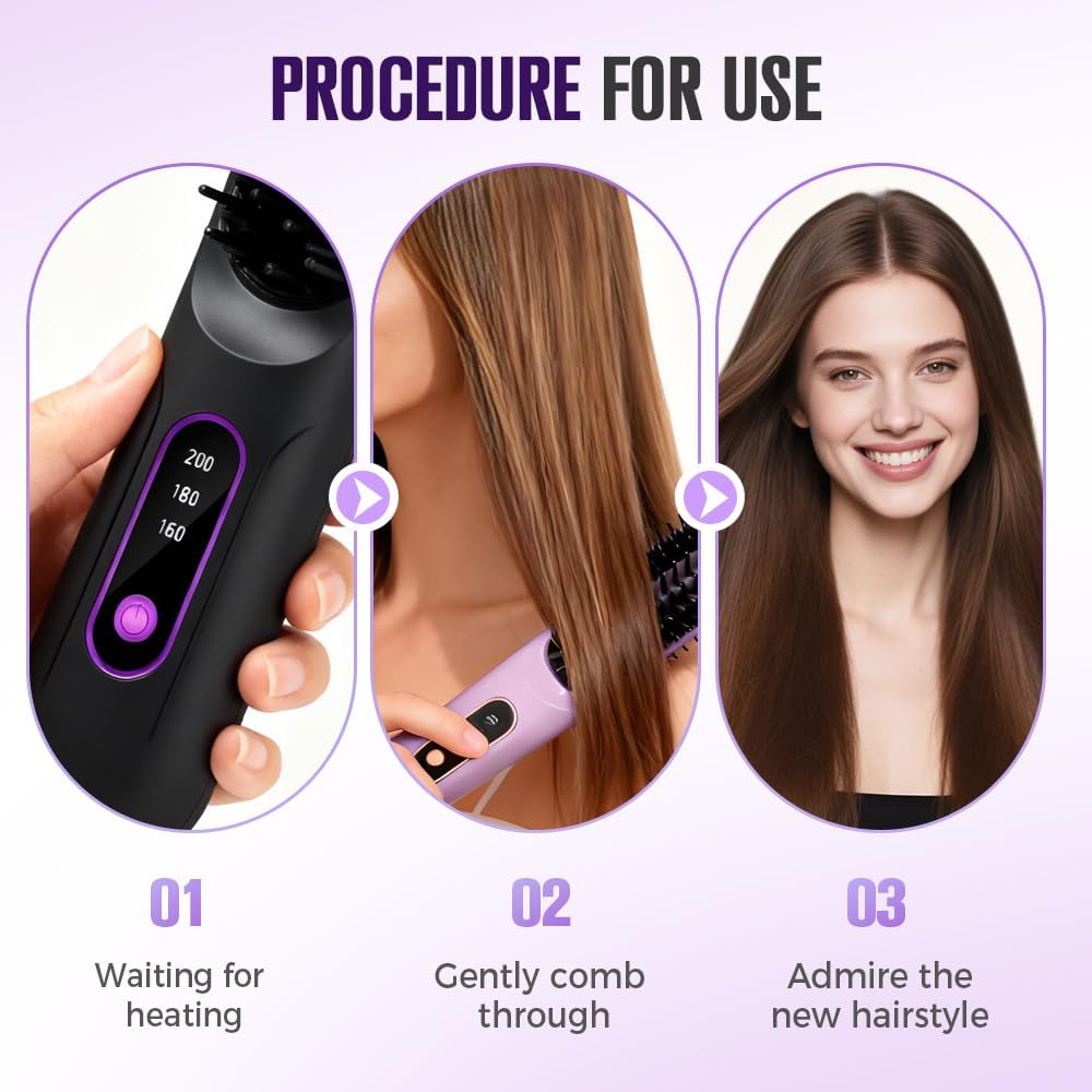 Portable Straightener Brush for Short Hair, 2026 New Ceramic Hair Dressing Comb for Travel with LCD Temperature Display, Fast Heating Mini Brush Styling Tool for Women (Purple) - Image 3