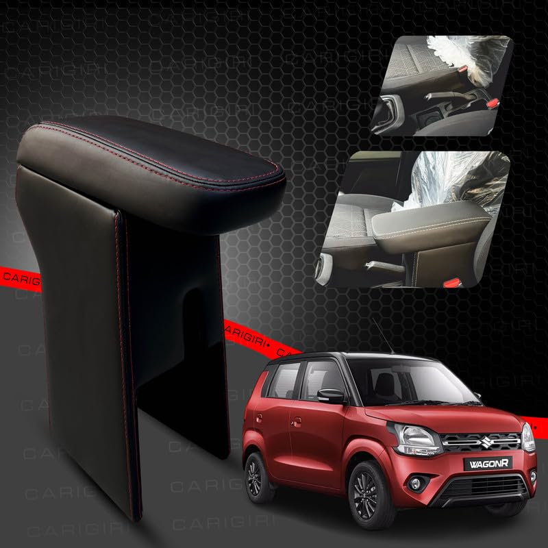 Image of Carigiri Premium Finish Car Armrest for Maruti Suzuki New WagonR with Moulded Foam And Storage Compartment (Nappa Leatherette,Double Stitching)(Models-2019-2024) (Red Seam)